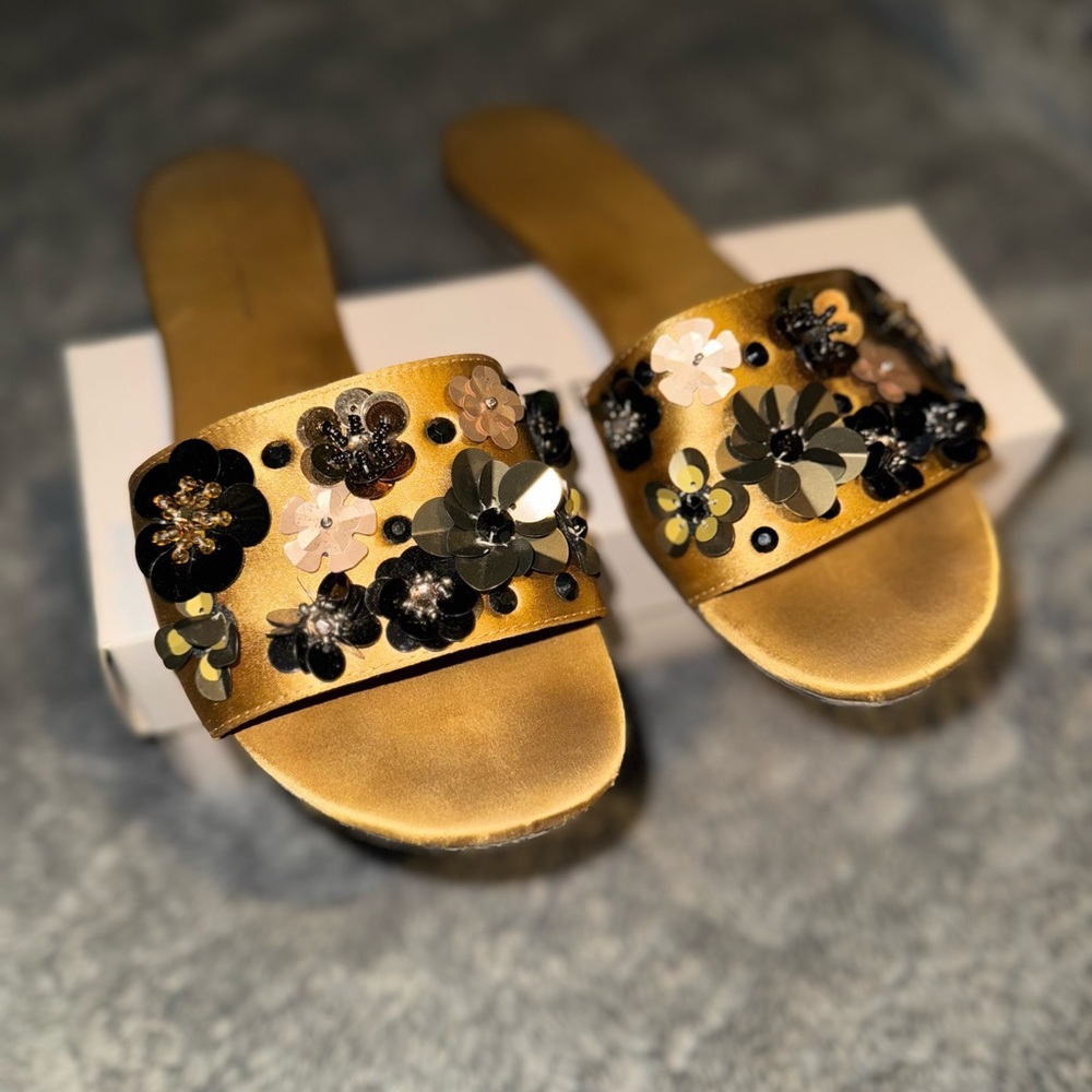 Floral Embellished Gold Slide Sandals
